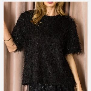 Joh Winnae Feathered Eyelash Short Sleeve Top in Black Like New Condition Size M